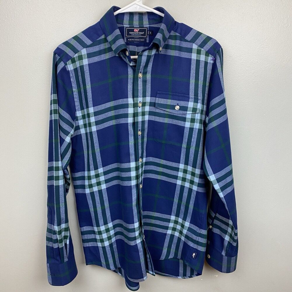 Vineyard Vines Shirt Mens S‎ Blue  Button Plaid Slim Fit Crosby Performance EUC